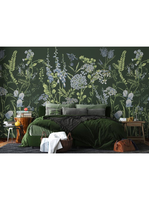Papier peint intissé - Fleurs de vesce sur fond vert olive - 375x270 cm - Kiabi