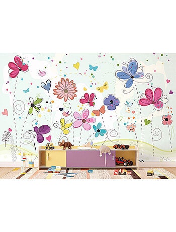 Papier peint intissé - Gribouillage de fleurs colorées - 375x270 cm