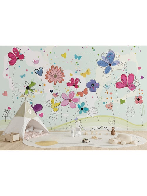 Papier peint intissé - Gribouillage de fleurs colorées - 375x270 cm - Kiabi