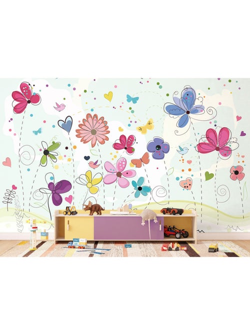 Papier peint intissé - Gribouillage de fleurs colorées - 375x270 cm - Kiabi
