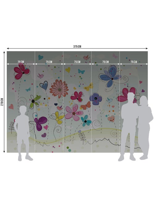 Papier peint intissé - Gribouillage de fleurs colorées - 375x270 cm - Kiabi