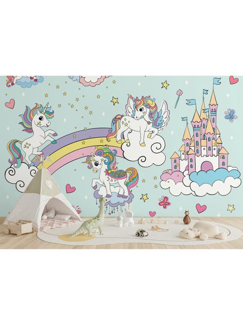 Papier peint intissé - Licornes bleues dans le ciel - 375x270 cm - Kiabi