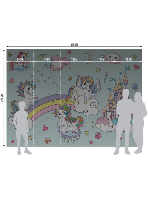 Papier peint intissé - Licornes bleues dans le ciel - 375x270 cm - Kiabi