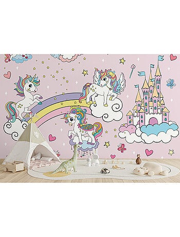 Papier peint intissé - Licornes roses dans le ciel - 375x270 cm