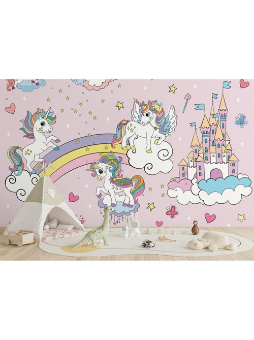 Papier peint intissé - Licornes roses dans le ciel - 375x270 cm - Kiabi