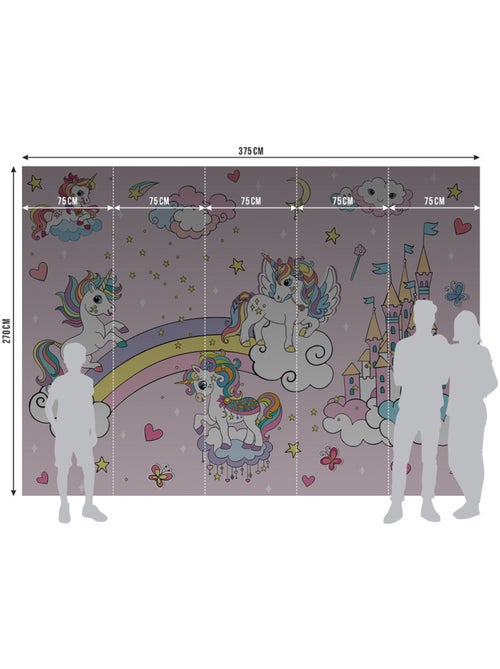 Papier peint intissé - Licornes roses dans le ciel - 375x270 cm - Kiabi