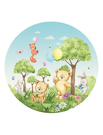 Papier peint intissé auto-adhésif rond animaux de la foret - ourson, lapin, renard en couleur - 70