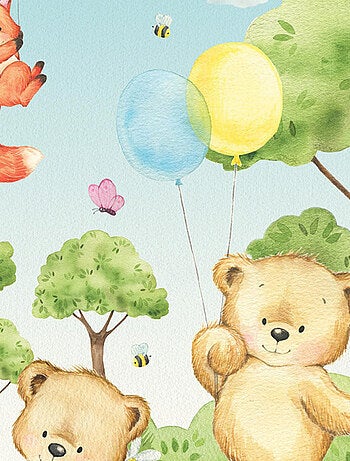 Papier peint intissé auto-adhésif rond animaux de la foret - ourson, lapin, renard en couleur - 70