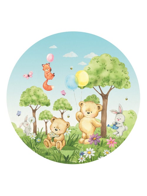 Papier peint intissé auto-adhésif rond  animaux de la foret - ourson, lapin, renard en couleur - 70 - Kiabi