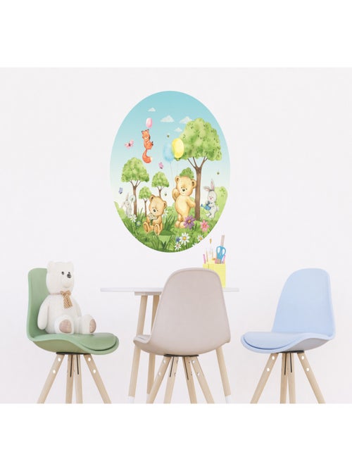 Papier peint intissé auto-adhésif rond  animaux de la foret - ourson, lapin, renard en couleur - 70 - Kiabi