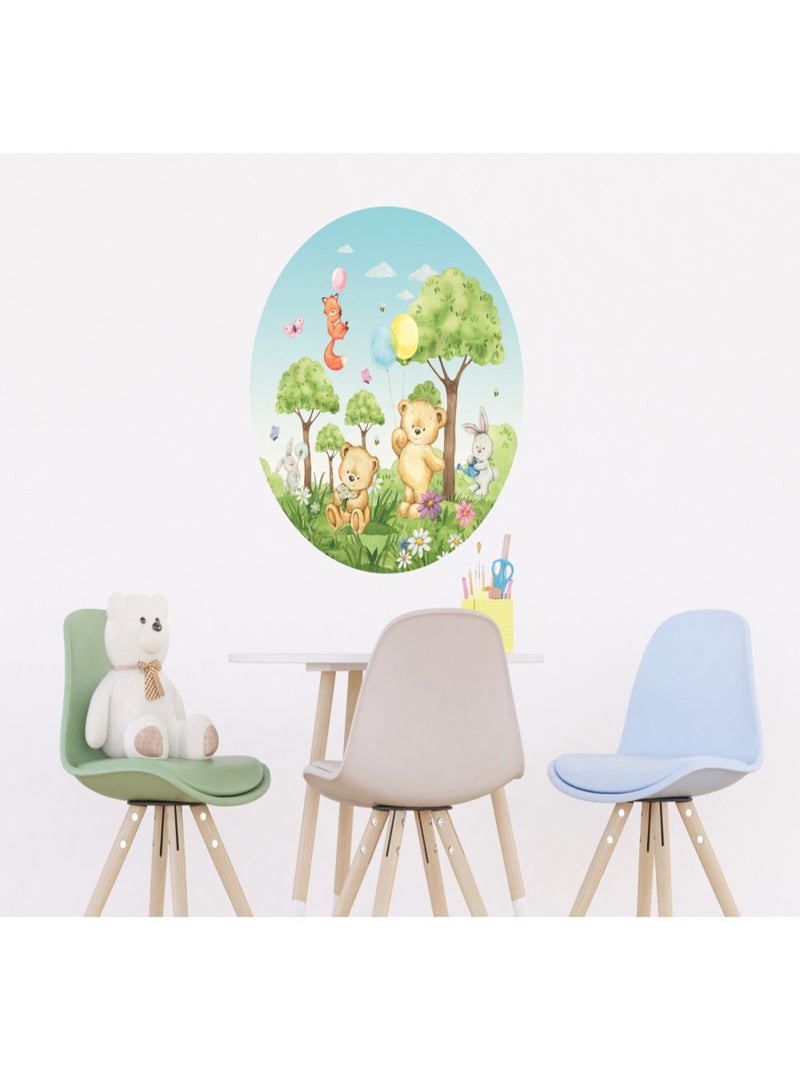 Papier peint intissé auto-adhésif rond  animaux de la foret - ourson, lapin, renard en couleur - 70 Multicolore - Kiabi