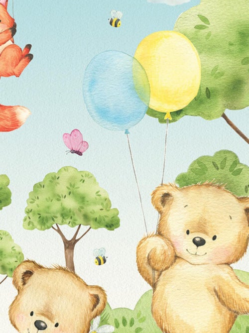 Papier peint intissé auto-adhésif rond  animaux de la foret - ourson, lapin, renard en couleur - 70 - Kiabi