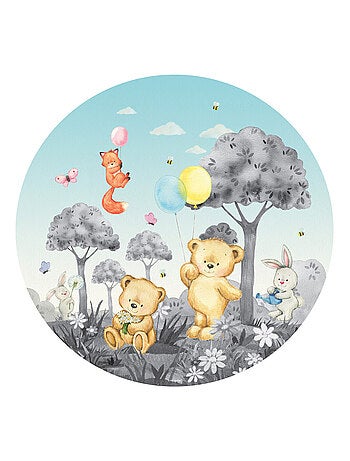 Papier peint intissé auto-adhésif rond animaux de la foret - ourson, lapin, renard en noir et blanc