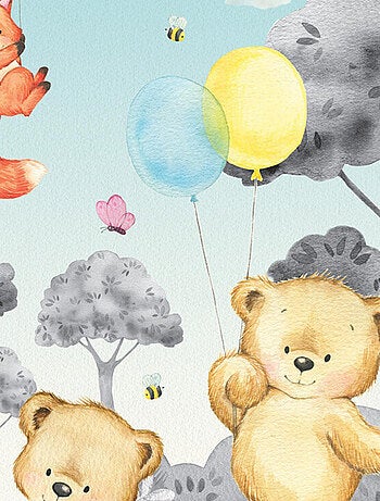 Papier peint intissé auto-adhésif rond animaux de la foret - ourson, lapin, renard en noir et blanc