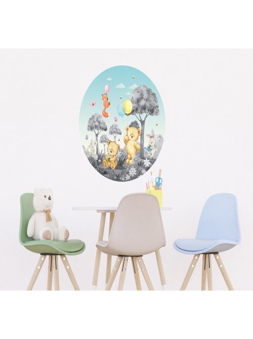 Papier peint intissé auto-adhésif rond  animaux de la foret - ourson, lapin, renard en noir et blanc - Kiabi