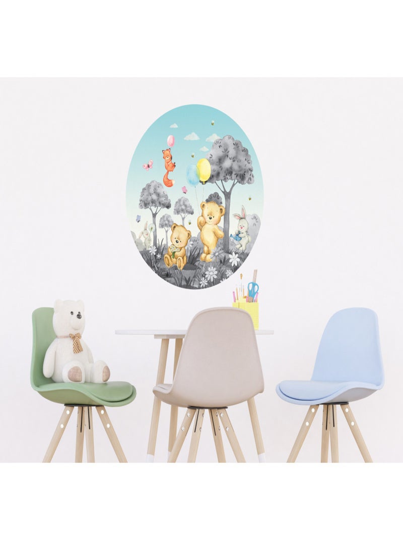 Papier peint intissé auto-adhésif rond  animaux de la foret - ourson, lapin, renard en noir et blanc Multicolore - Kiabi