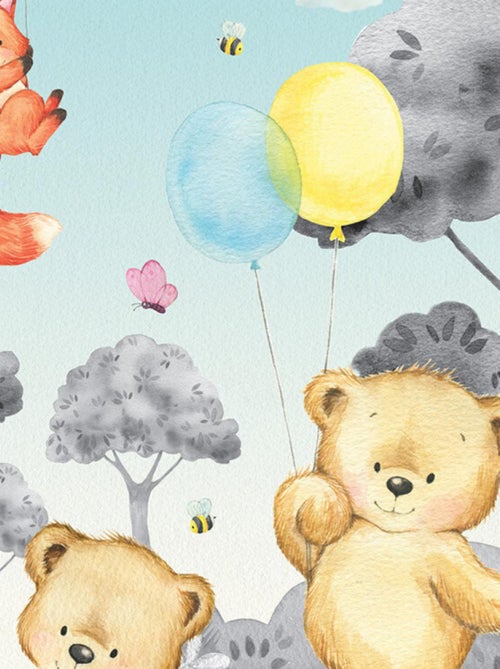 Papier peint intissé auto-adhésif rond  animaux de la foret - ourson, lapin, renard en noir et blanc - Kiabi