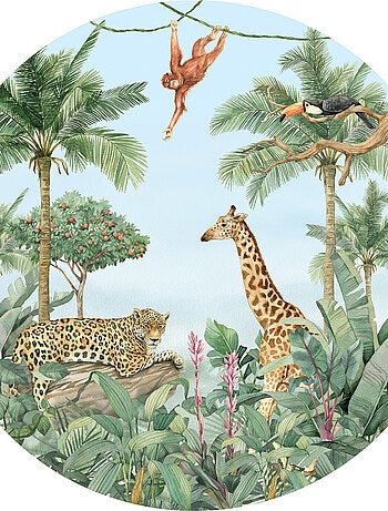 Papier peint intissé auto-adhésif rond animaux de la jungle - 70 x 70 cm