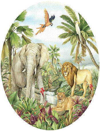 Papier peint intissé auto-adhésif rond animaux de la jungle - Lion, éléphant, perroquet en couleur