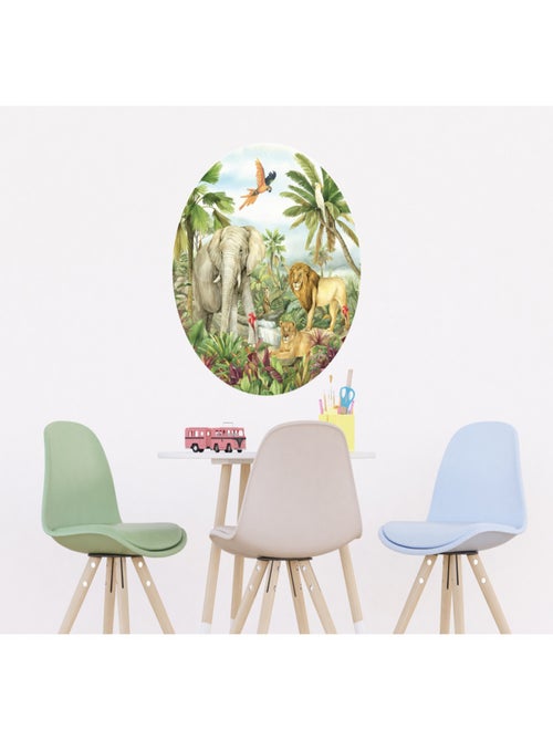 Papier peint intissé auto-adhésif rond  animaux de la jungle - Lion, éléphant, perroquet en couleur - Kiabi
