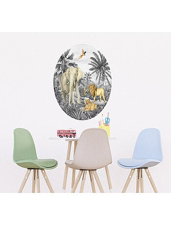 Papier peint intissé auto-adhésif rond animaux de la jungle - Lion, éléphant, perroquet en noir et