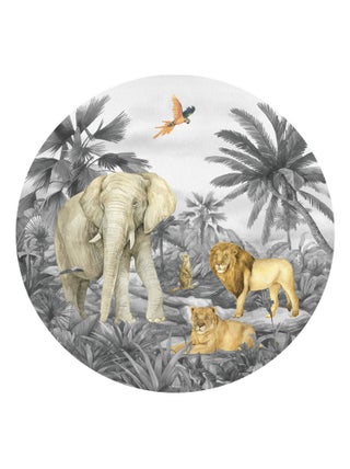 Papier peint intissé auto-adhésif rond  animaux de la jungle - Lion, éléphant, perroquet en noir et