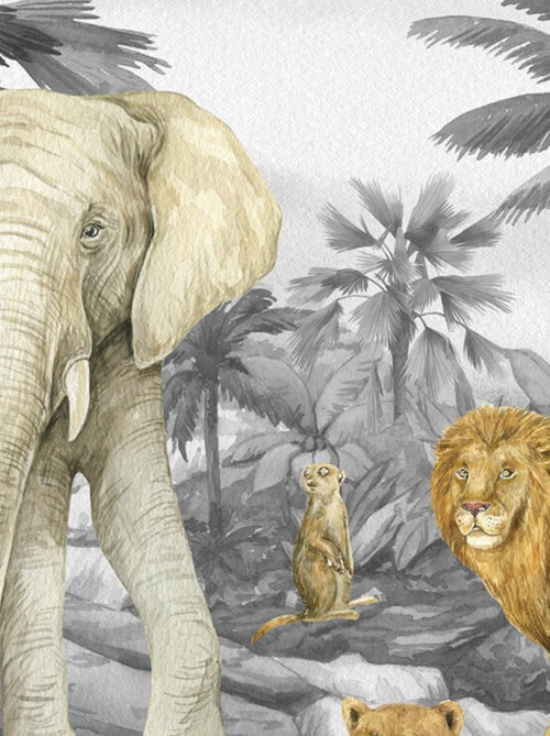 Papier peint intissé auto-adhésif rond  animaux de la jungle - Lion, éléphant, perroquet en noir et - Kiabi