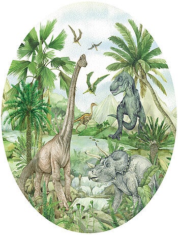 Papier peint intissé auto-adhésif rond dinosaure en couleur - 70 x 70 cm