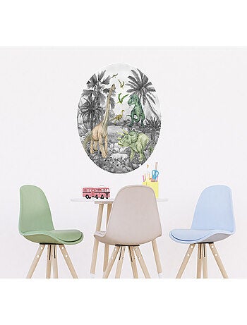 Papier peint intissé auto-adhésif rond dinosaure en noir et blanc - 70 x 70 cm