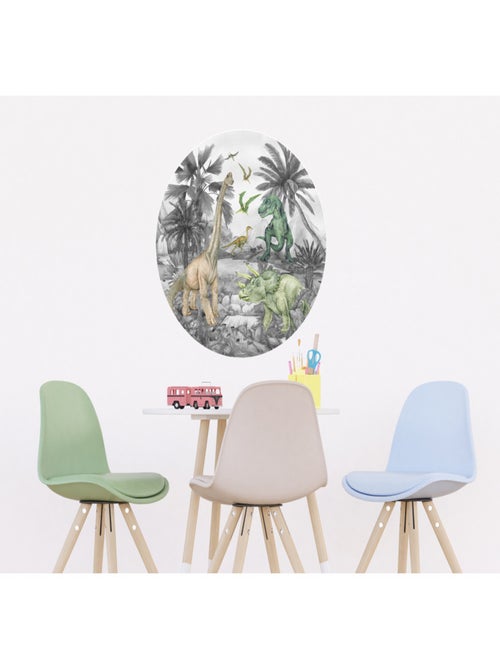 Papier peint intissé auto-adhésif rond  dinosaure en noir et blanc - 70 x 70 cm - Kiabi