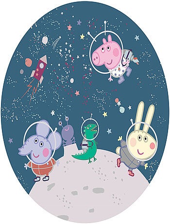 Papier peint intissé auto-adhésif rond Peppa pig avec sa famille dans l'espace - 70 x 70 cm