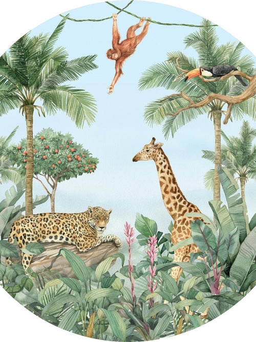 Papier peint intissé auto-adhésif rond  Thème animaux de la jungle  - 140 x 140 cm - Kiabi
