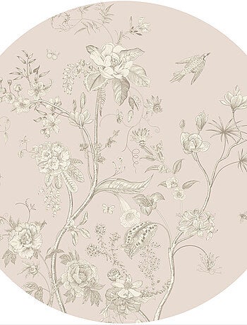Papier peint intissé auto-adhésif rond thème fleurs blanches et fond rose - 70 x 70 cm