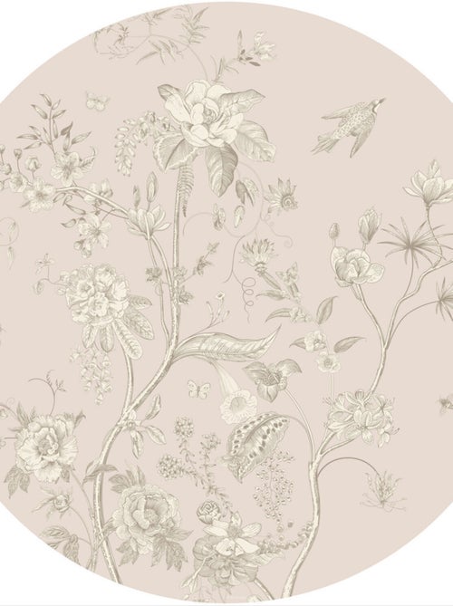 Papier peint intissé auto-adhésif rond  thème fleurs blanches et fond rose - 70 x 70 cm - Kiabi