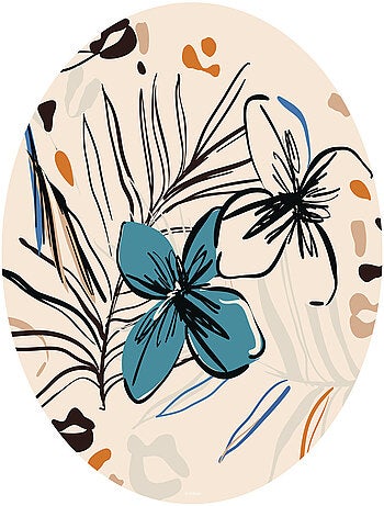 Papier peint intissé auto-adhésif rond thème fleurs bleues et fougère - 70 x 70 cm