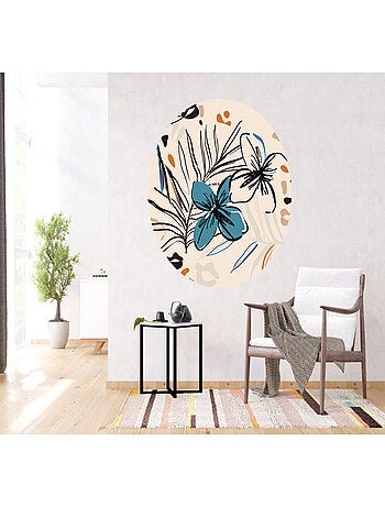 Papier peint intissé auto-adhésif rond thème fleurs bleues et fougère - 70 x 70 cm