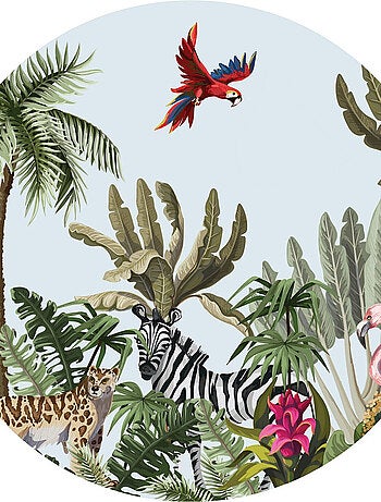 Papier peint intissé auto-adhésif rond Thème Jungle et perroquets multicolores - 70 x 70 cm