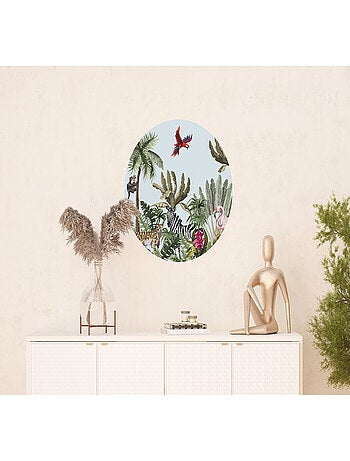 Papier peint intissé auto-adhésif rond Thème Jungle et perroquets multicolores - 70 x 70 cm