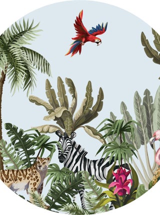 Papier peint intissé auto-adhésif rond  Thème Jungle et perroquets multicolores - 70 x 70 cm