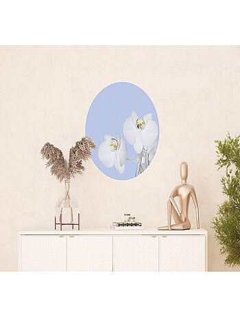 Papier peint intissé auto-adhésif rond Thème Orchidée sur du bleu - 70 x 70 cm