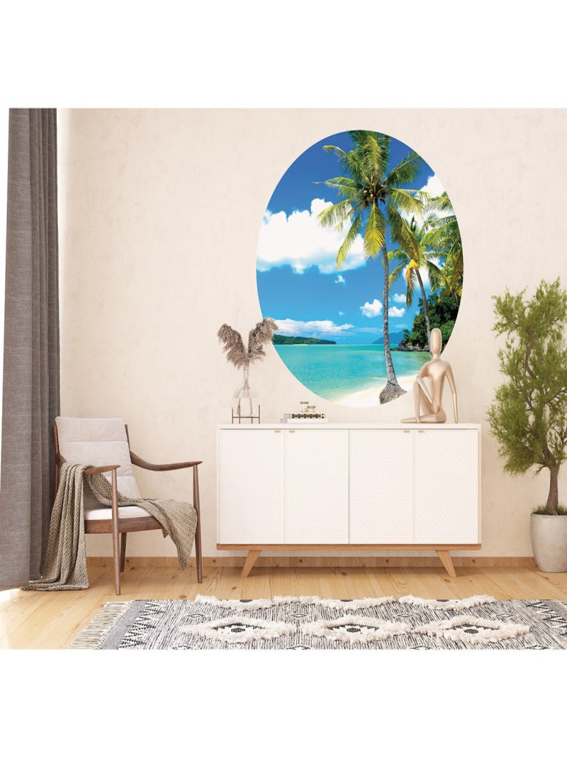Papier peint intissé auto-adhésif rond  Thème Palmiers sur la plage - 140 x 140 cm Multicolore - Kiabi