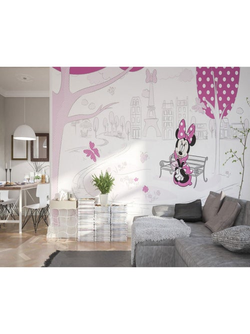 Papier Peint intissé panoramique Minnie à Paris assise sur un banc Disney 400X250CM - Kiabi