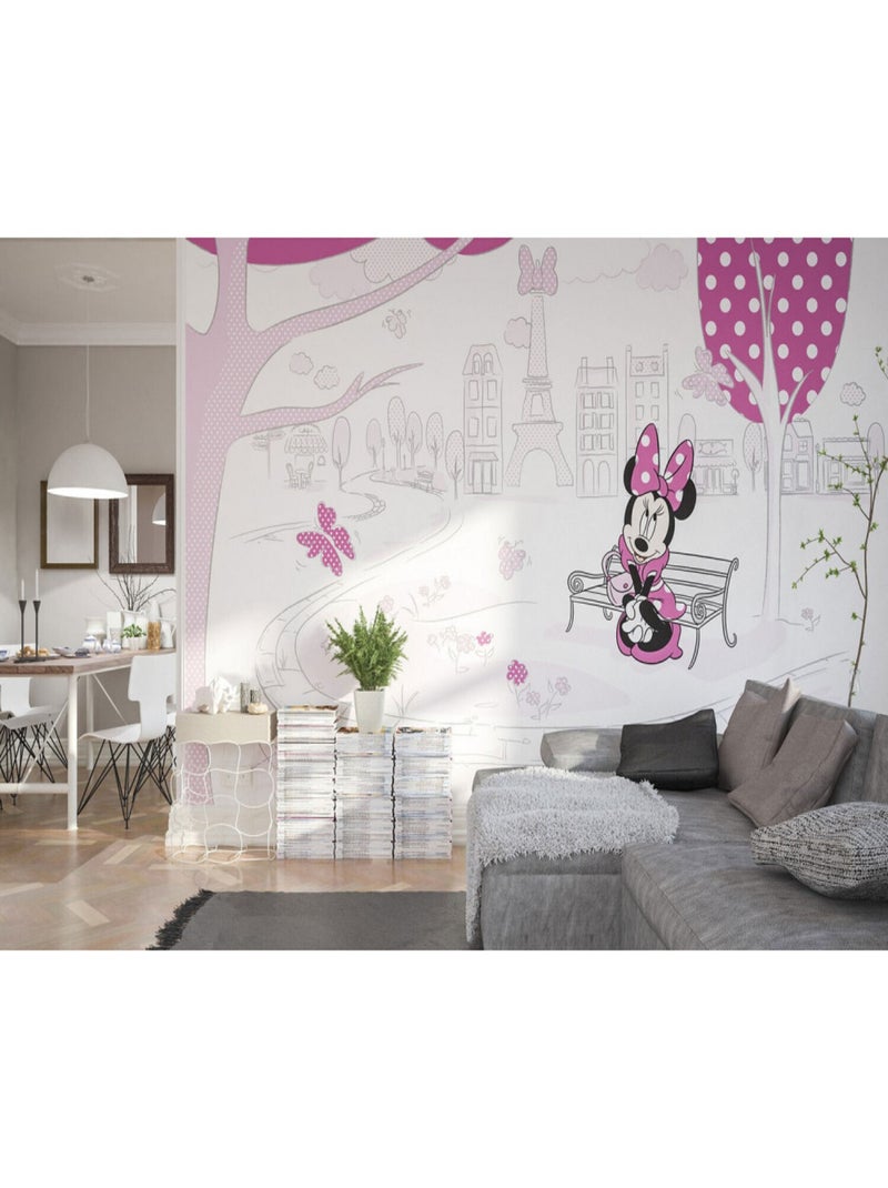 Papier Peint intissé panoramique Minnie à Paris assise sur un banc Disney 400X250CM Multicolore - Kiabi