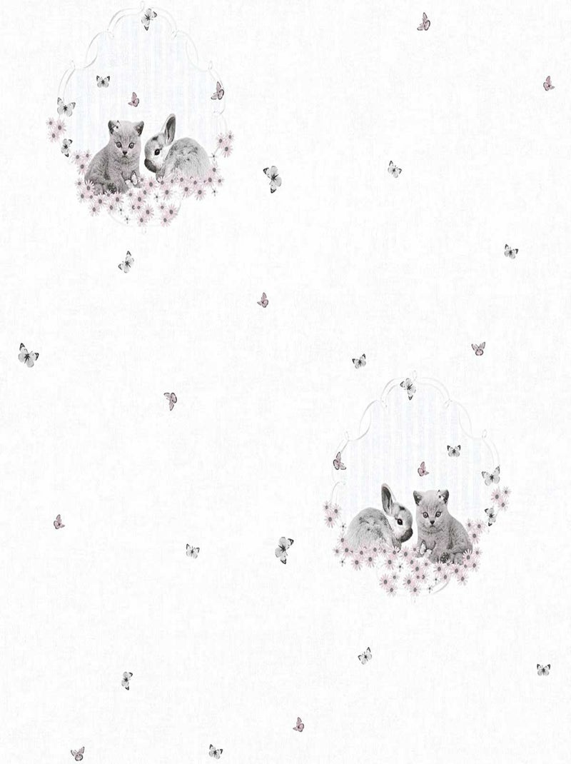 Papier Peint "Lapin et Chaton" Gris - Kiabi