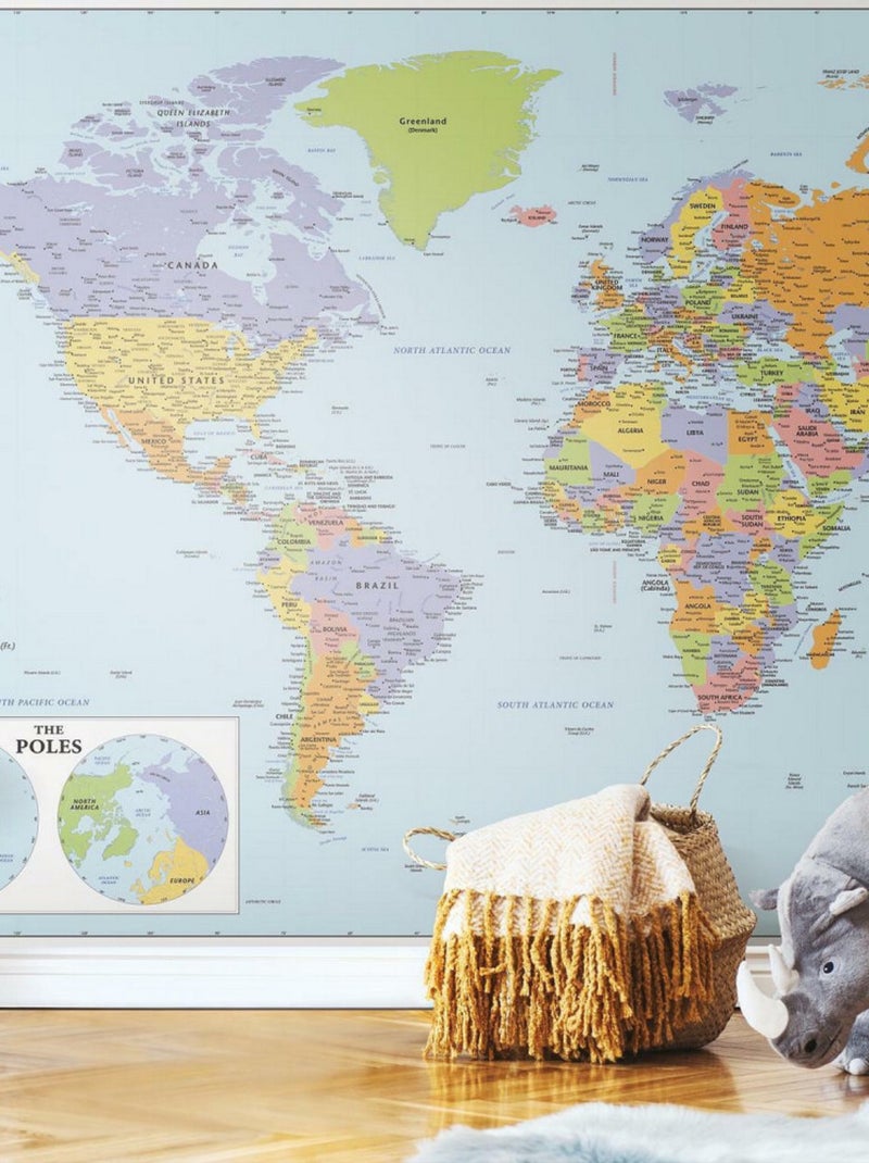 Papier Peint panoramique auto-adhésif Carte du Monde - 320x183 cm Multicolore - Kiabi
