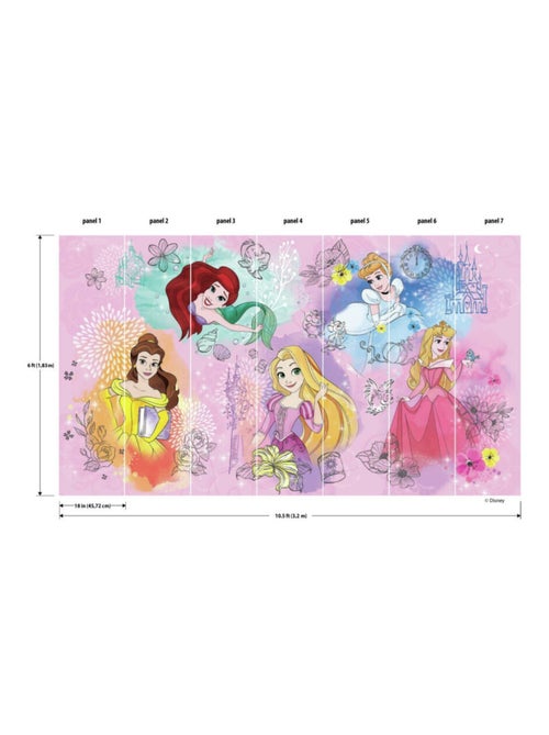 Papier peint panoramique auto-adhésif Disney 5 Princesses 3,2 x 1,83 m - Kiabi