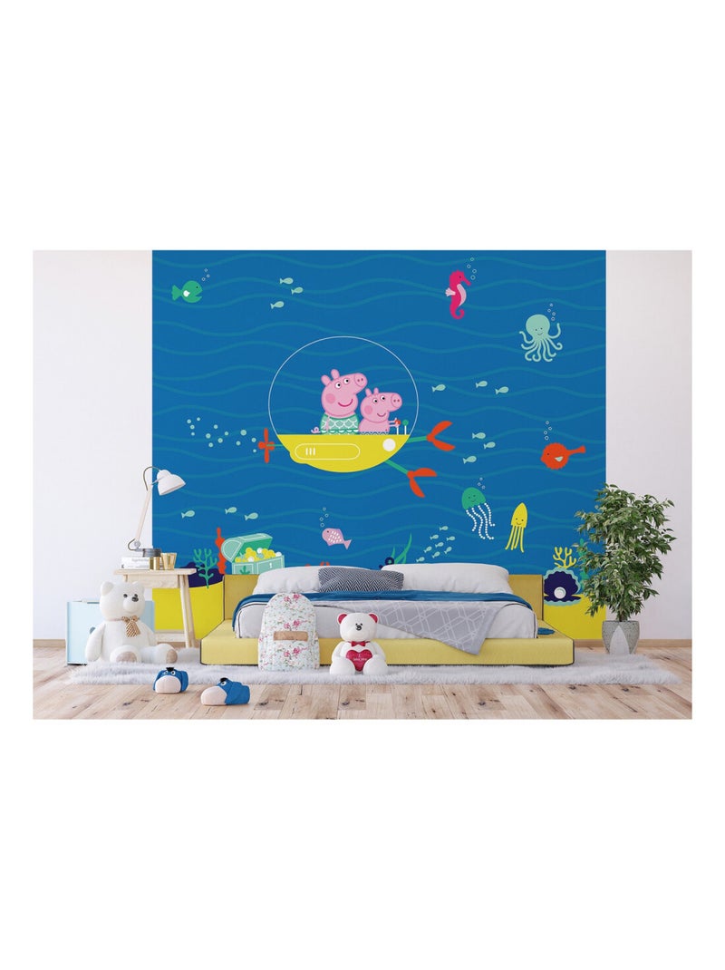 Papier peint Peppa pig avec sa famille dans l'eau 225 x 270 cm Multicolore - Kiabi