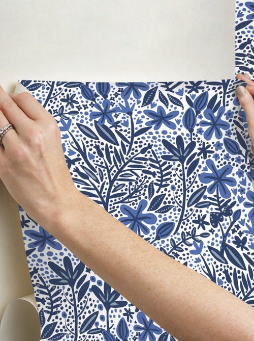 Papier peint rouleau auto-adhésif - Motifs floraux - Bleu - Kiabi