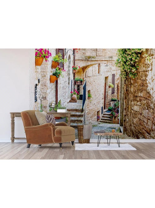 Papier Peint  village maisons en pierre et plantes suspendues - 360 x 254 cm - Kiabi