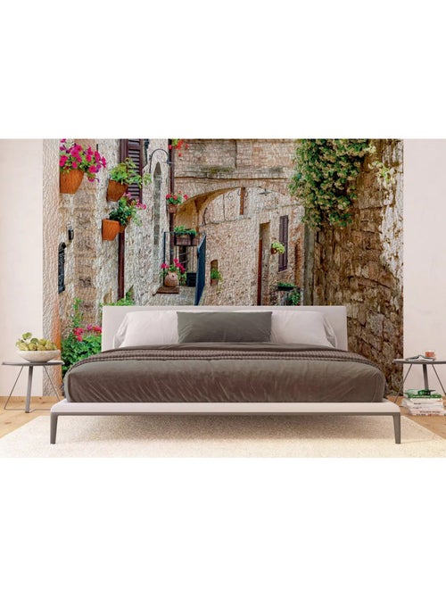 Papier Peint  village maisons en pierre et plantes suspendues - 360 x 254 cm - Kiabi